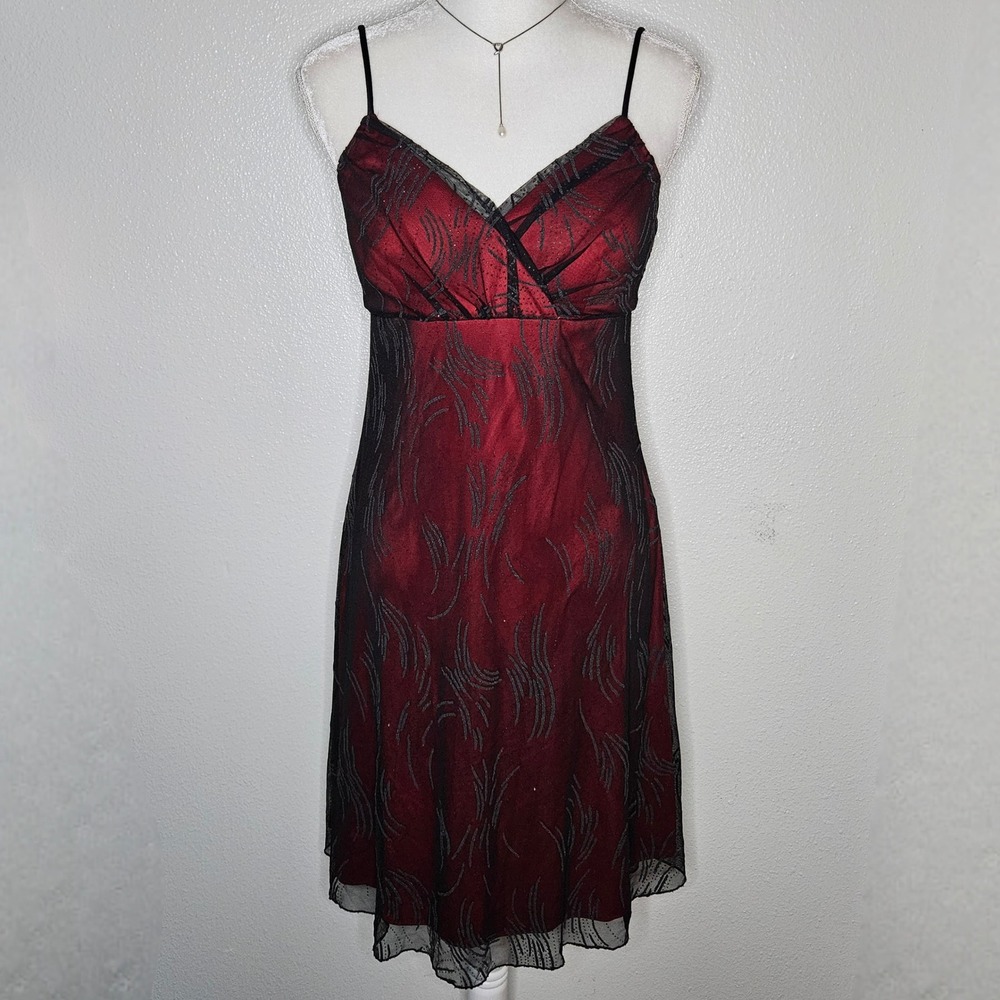 Onyx Nite Red Black Glitter Mesh Overlay Cocktail Midi Dress